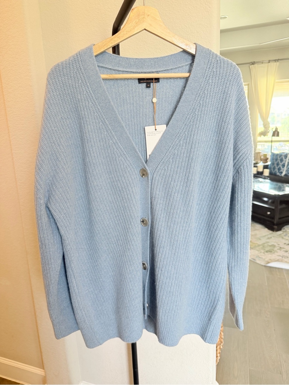 Quince Mongolian Cashmere Faded Denim Oversized Boyfriend Cardigan Sweater M